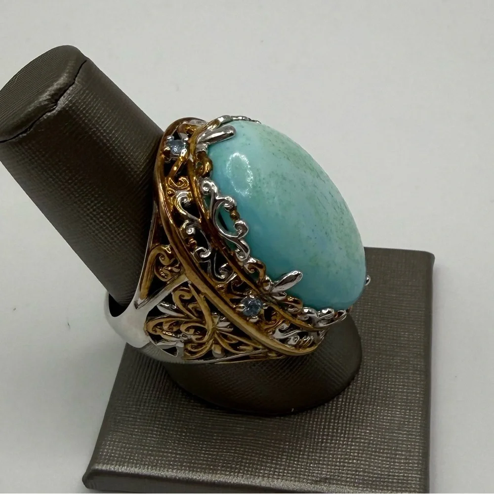 Gems en Vogue Turquoise Cabochon Ring 925 Sterling 18K Accents Size 7.5